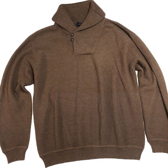 Vtg Peruvian Alpaca Wool Sweater Men XL Brown Shawl Collar Peru Etnico Chunky - Picture 1 of 12